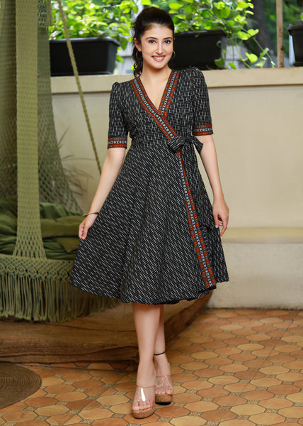 Trendy Black Ikat Overlap Dress Highlighted with Matching Ikat Border