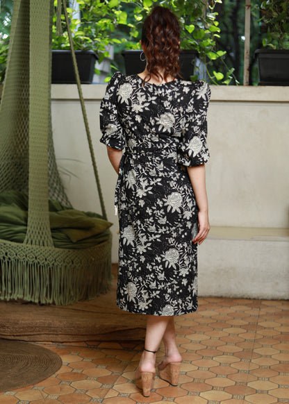 Dussehra Sale — Breezy Black Cotton Floral Boat Neck Dress with Belt