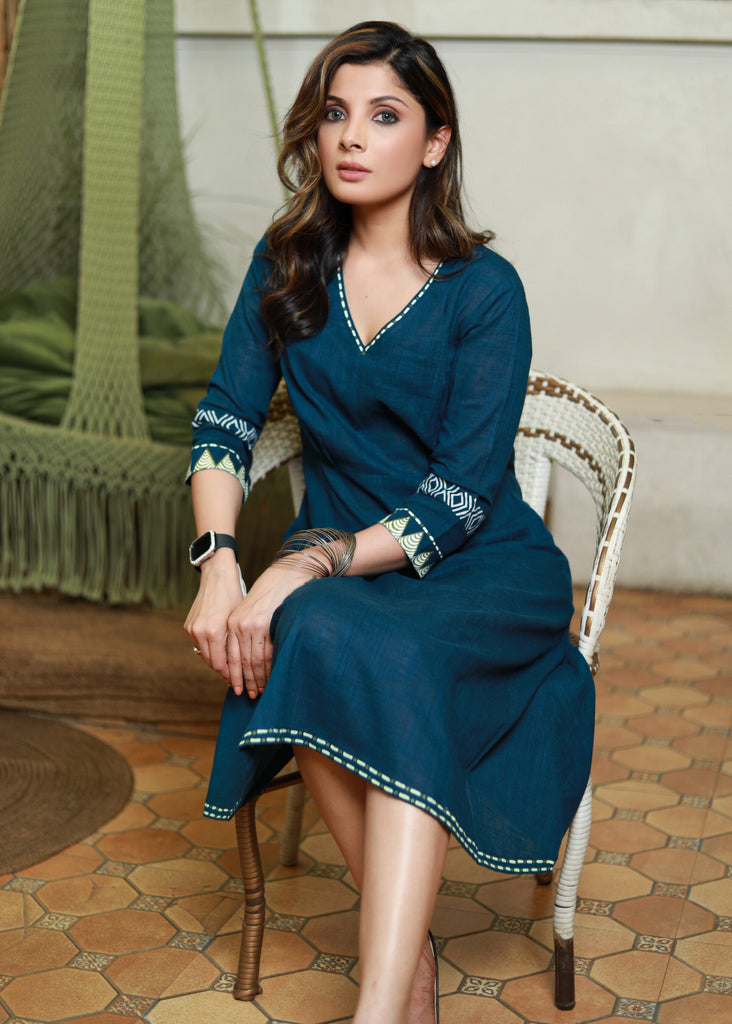 Stylish Blue Cotton Dress with Handpainting on Sleeves and Neckline