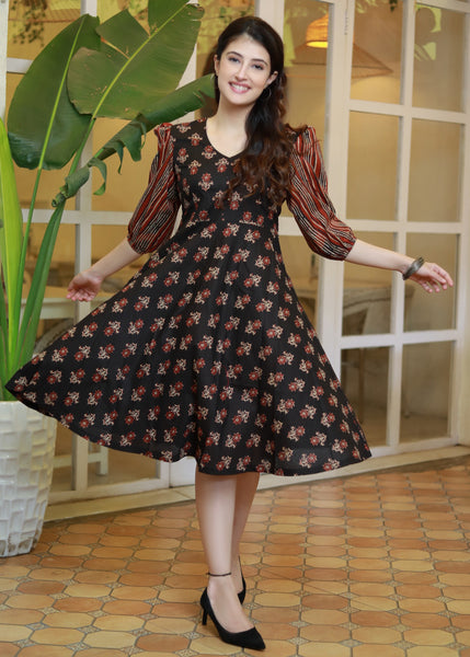 Trendy Black Floral printed Dress with Striped Sleeves