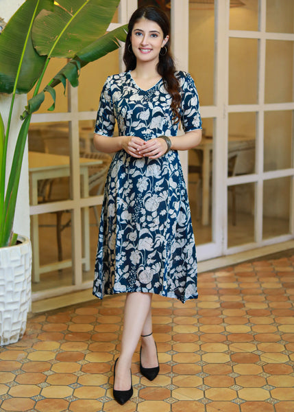 Beautiful Navy Blue Floral Printed Dress
