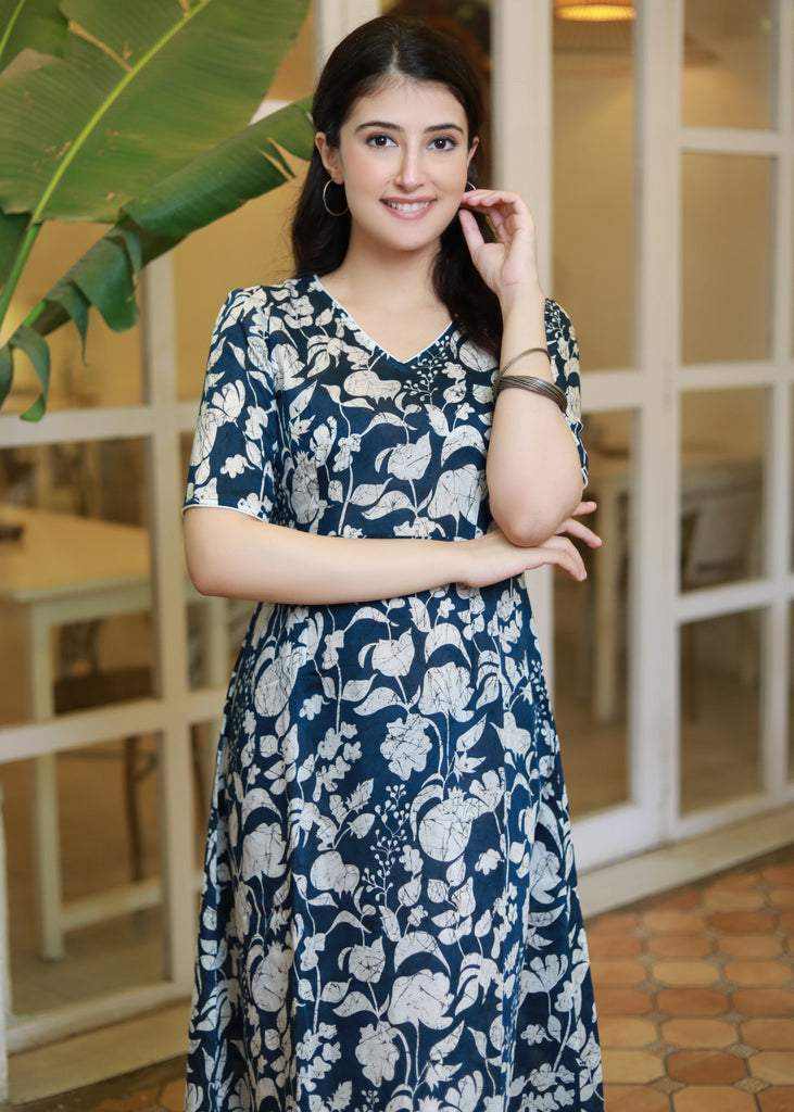 Beautiful Navy Blue Floral Printed Dress