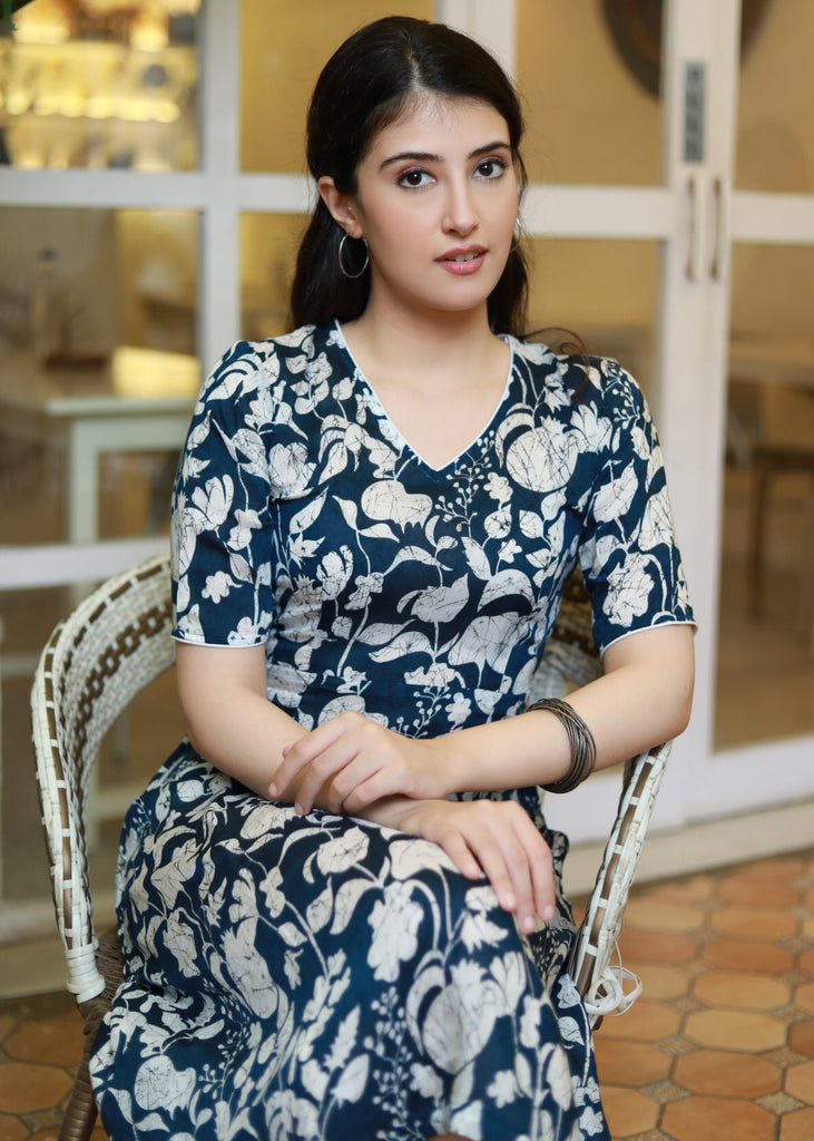 Beautiful Navy Blue Floral Printed Dress
