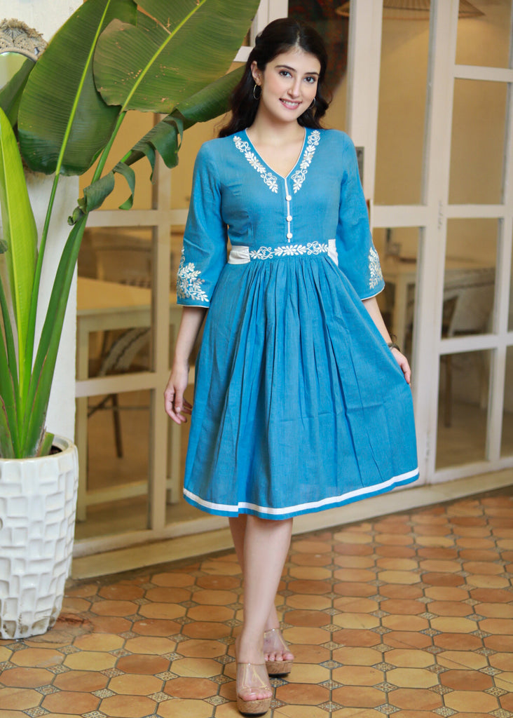 Elegant Powder Blue Cotton Embroidered Dress with Attached Belt