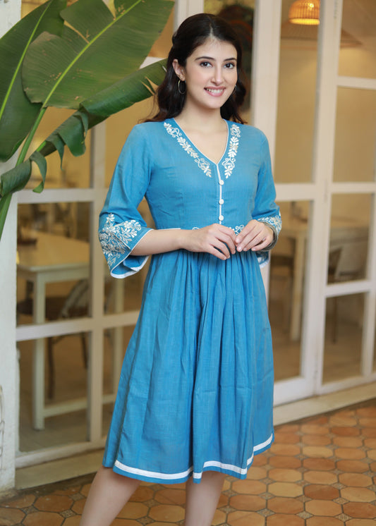 Elegant Powder Blue Cotton Embroidered Dress with Attached Belt