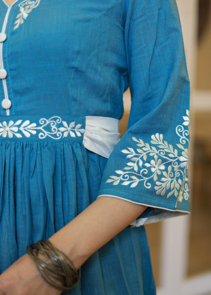 Elegant Powder Blue Cotton Embroidered Dress with Attached Belt