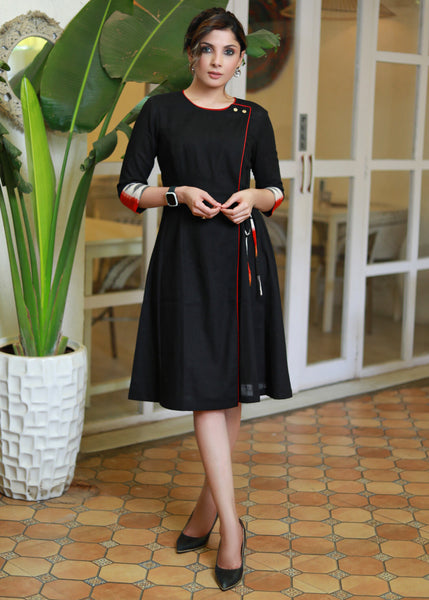 Classy Black Cotton Asymmetrical Dress with Ikat Detailing on Sleeves