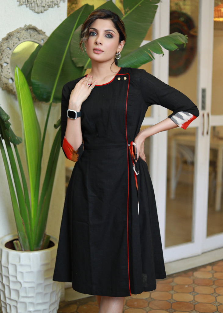 Classy Black Cotton Asymmetrical Dress with Ikat Detailing on Sleeves