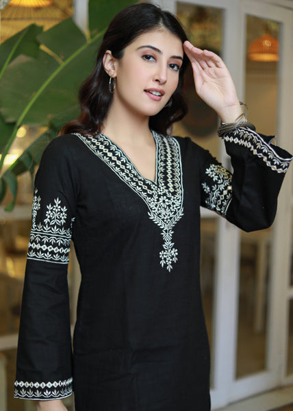 Straight Ebony and Black Embroidered Bell Sleeve Dress