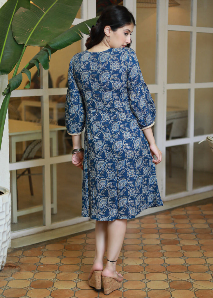 Trendy Ink Blue Floral Gathered Cotton Dress