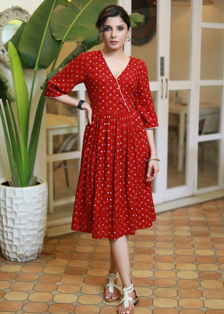 Trendy Red Cotton Crossover Bandhani Printed Dress