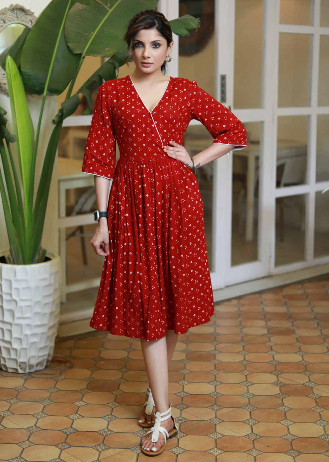 Trendy Red Cotton Crossover Bandhani Printed Dress – Sujatra