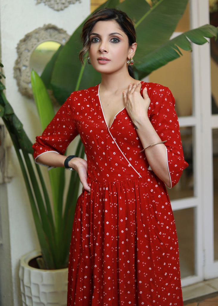 Trendy Red Cotton Crossover Bandhani Printed Dress