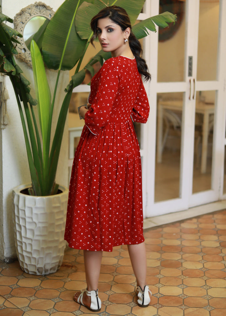 Trendy Red Cotton Crossover Bandhani Printed Dress