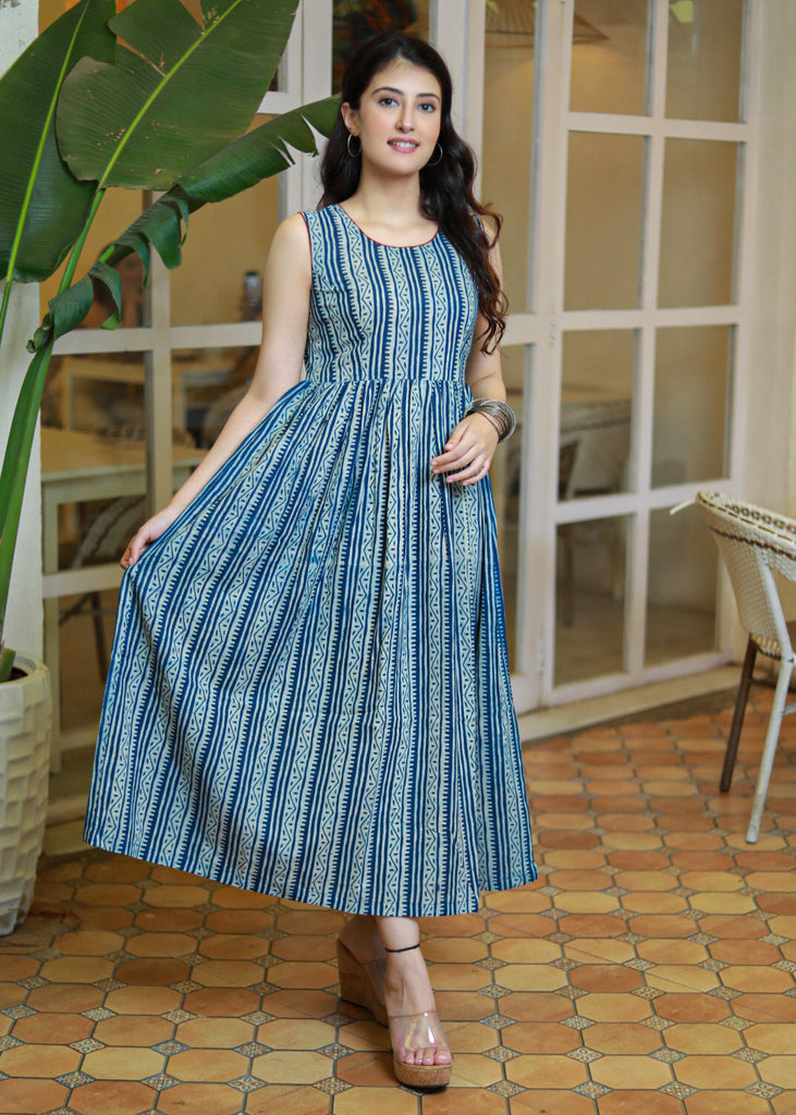 Elegant Indigo Striped Dress and Jacket