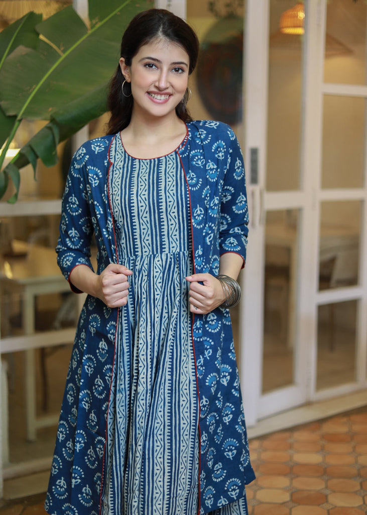 Elegant Indigo Striped Dress and Jacket