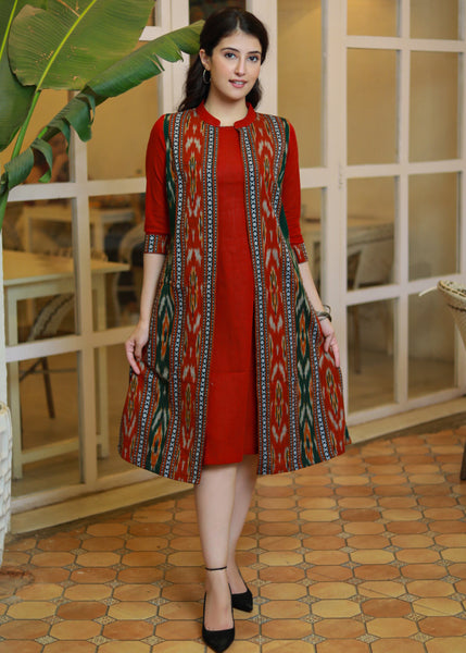 Classy Maroon Cotton A-Line Dress with Multi-Colour Ikat Sleeveless Jacket