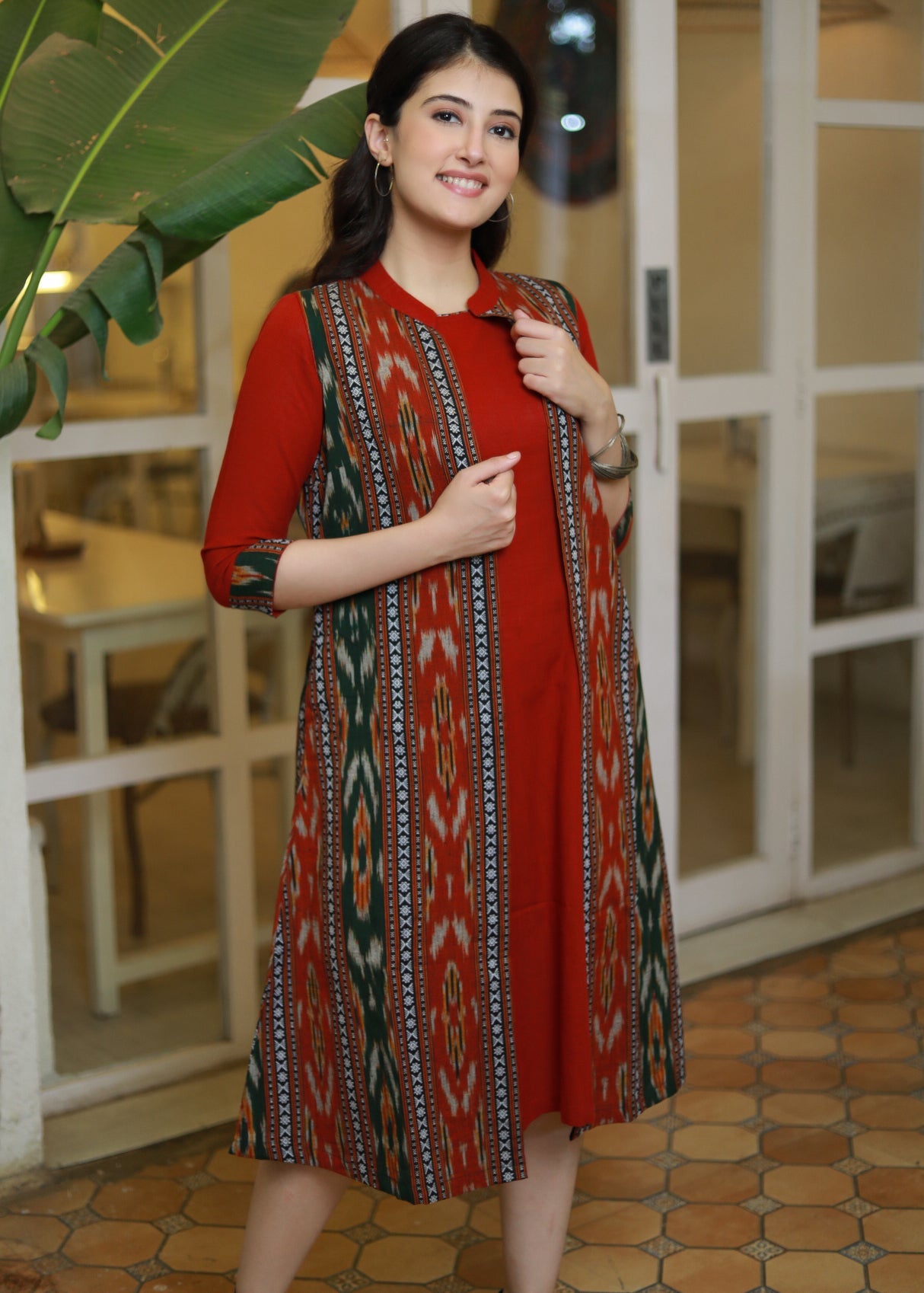 Maroon Dress with Ikat Detail