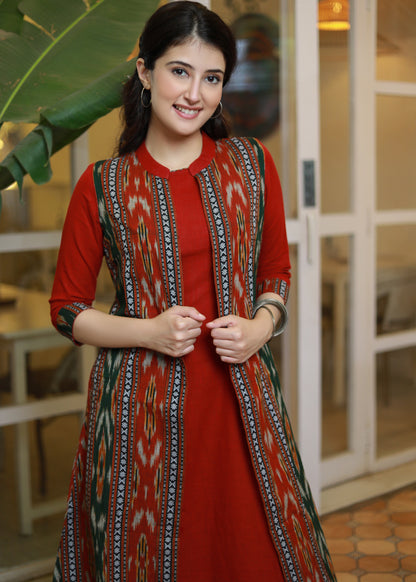Classy maroon A line dress - Ikat jacket optional