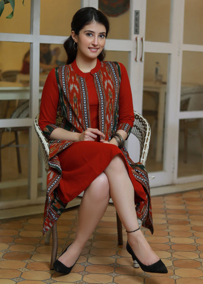 Classy maroon A line dress - Ikat jacket optional