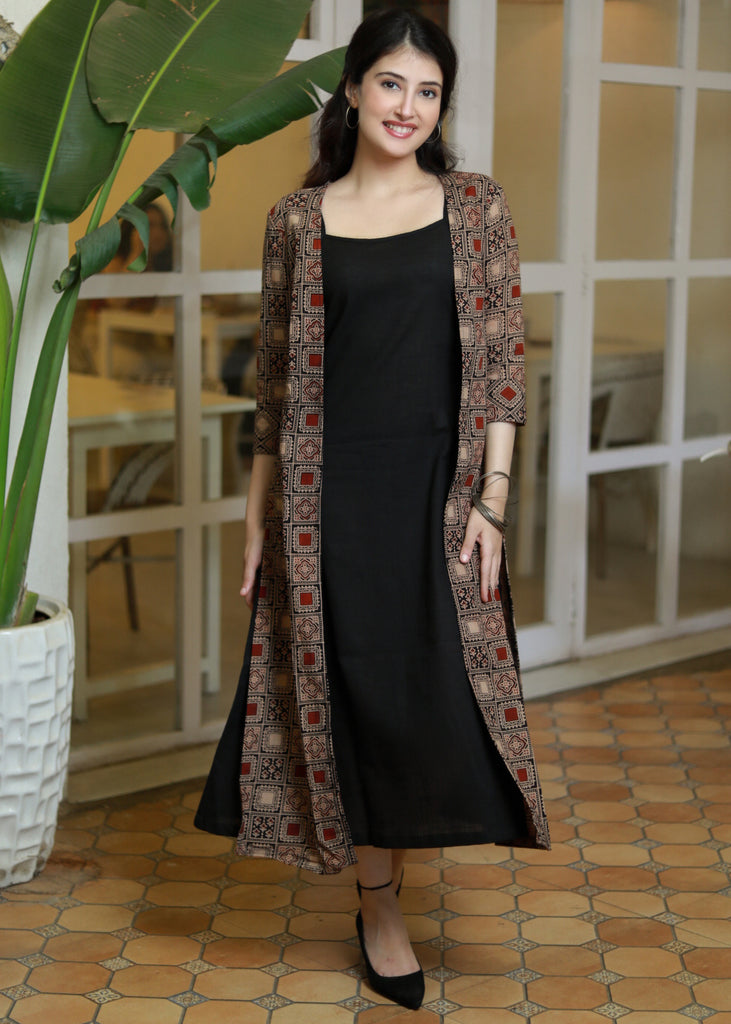 Exclusive Black Cotton Slip Dress with Ajrakh Jacket