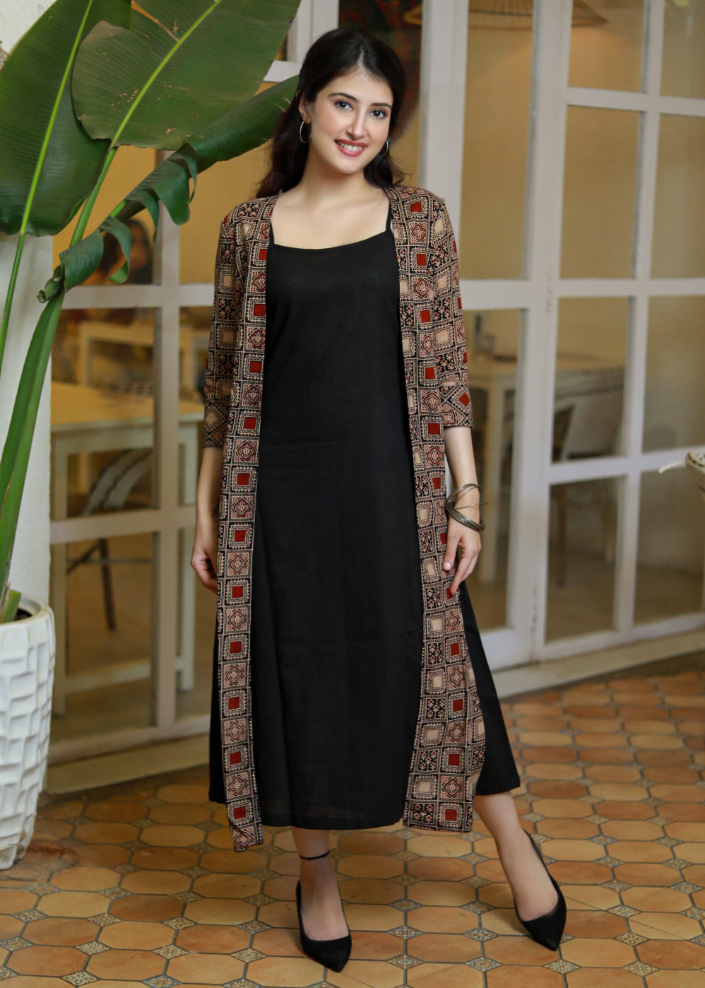 Black cotton slip dress - Ajrakh jacket optional