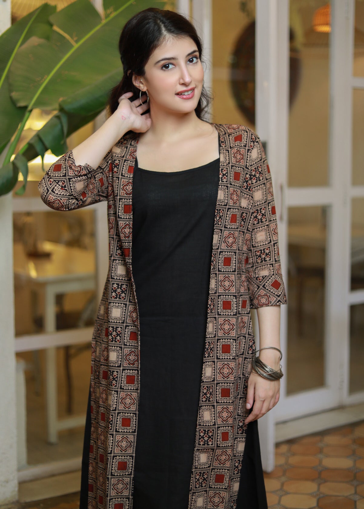Black cotton slip dress - Ajrakh jacket optional