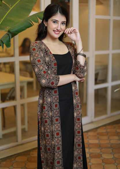 Black cotton slip dress - Ajrakh jacket optional