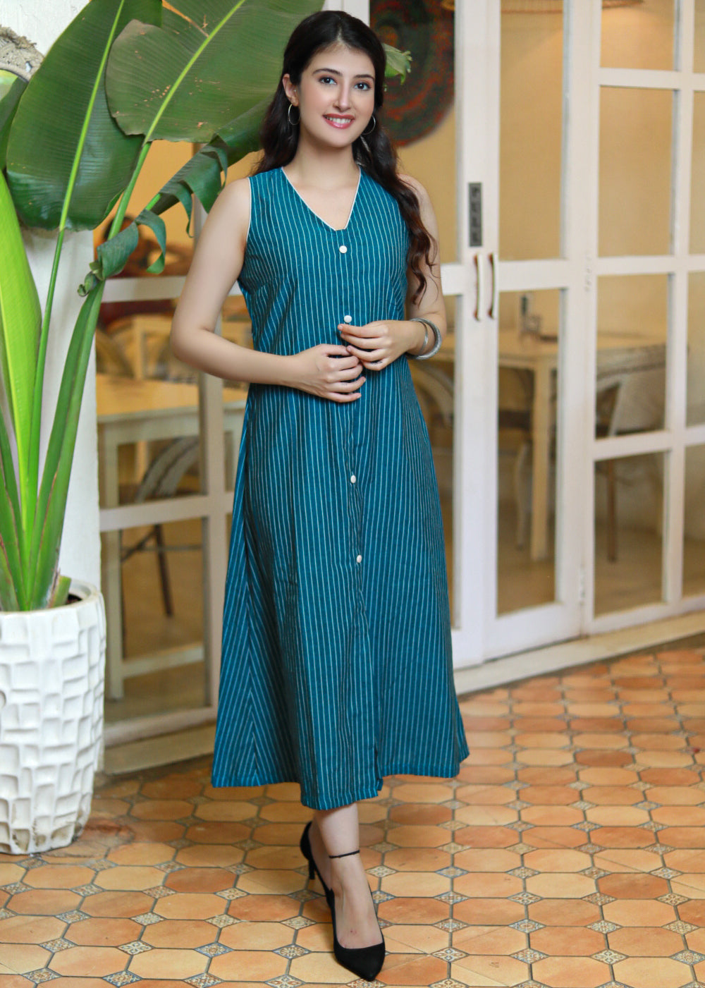 Dussehra Sale — Classy Teal Cotton Striped Ikat Dress