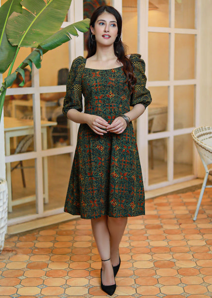 Classy Bottle Green Ajrakh A-Line Dress with Puff Sleeves