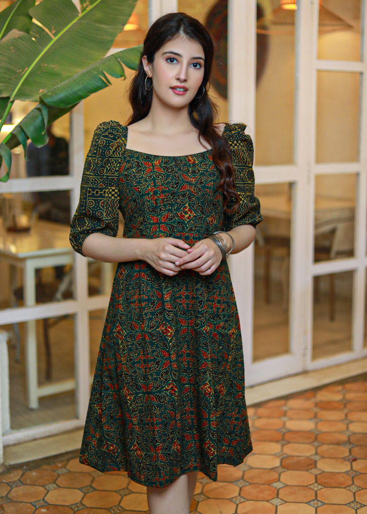 Classy Bottle Green Ajrakh A-Line Dress with Puff Sleeves