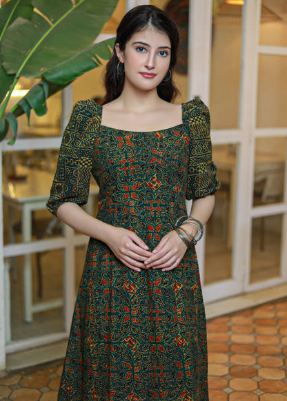 Classy Bottle Green Ajrakh A-Line Dress with Puff Sleeves
