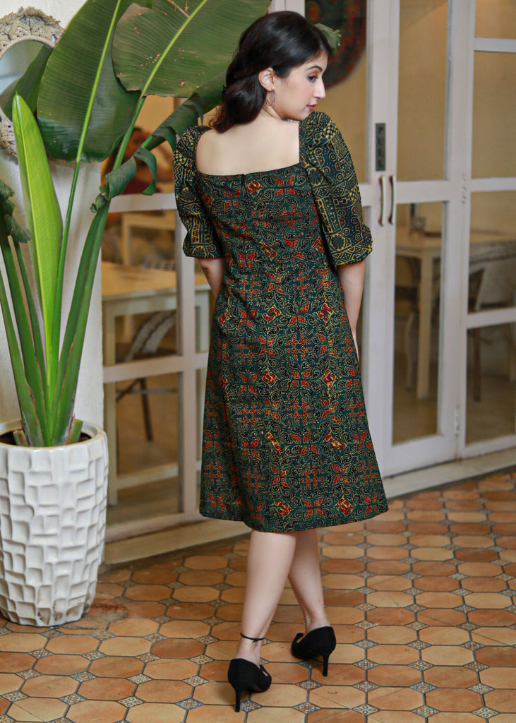 Classy Bottle Green Ajrakh A-Line Dress with Puff Sleeves