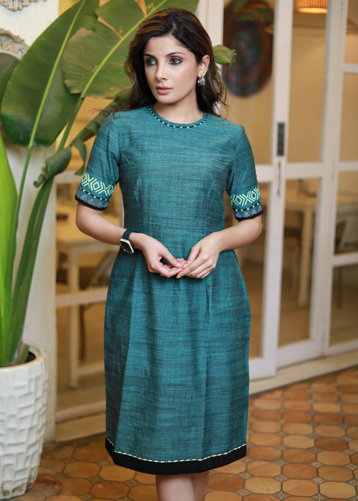 Dussehra Sale — Classy Turquoise Cotton Hanpainted Sheath Dress
