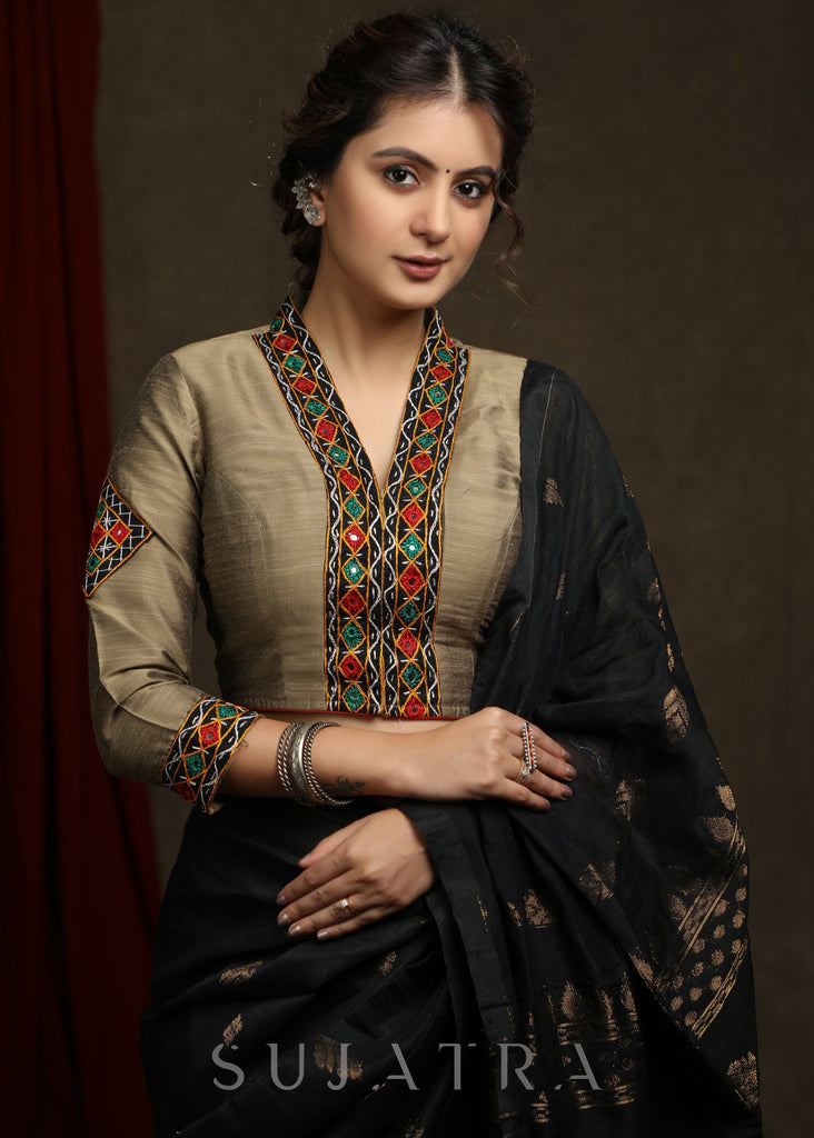 Golden Cotton Silk Kutch Mirror Embroidered Blouse