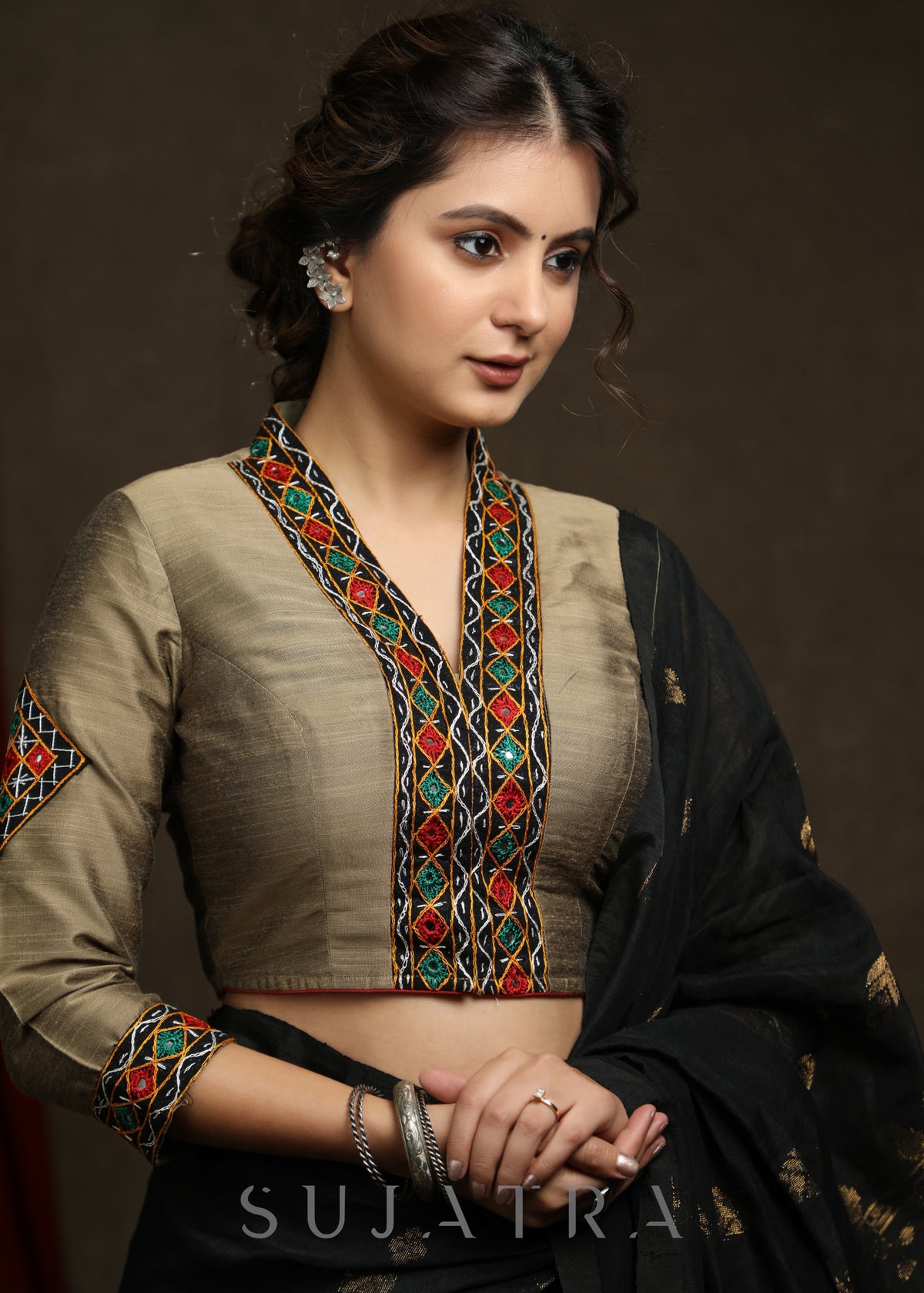 Dussehra Sale — Golden Cotton Silk Kutch Mirror Embroidered Blouse
