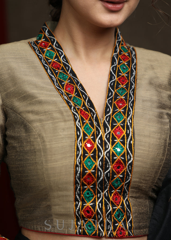 Golden Cotton Silk Kutch Mirror Embroidered Blouse