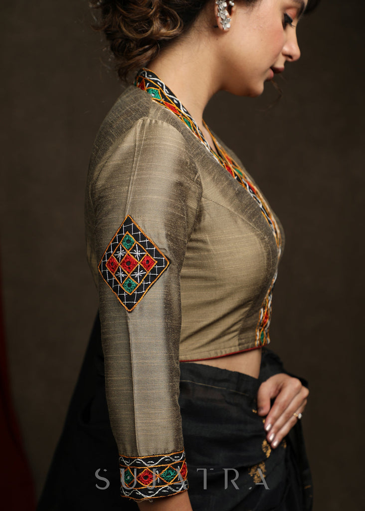 Golden Cotton Silk Kutch Mirror Embroidered Blouse