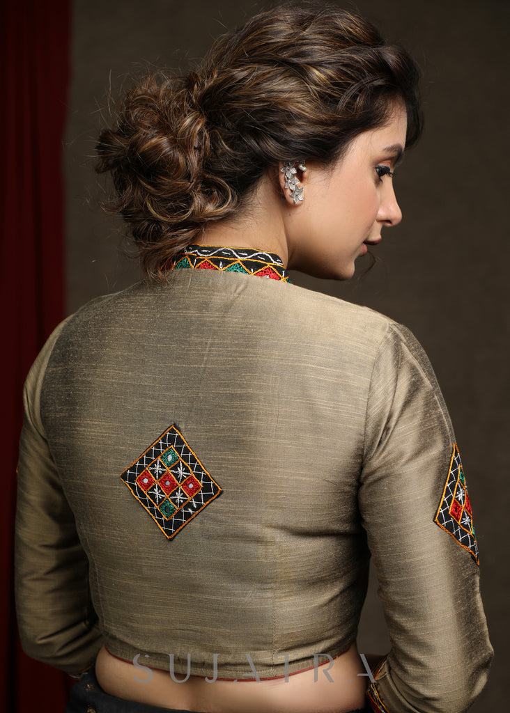Golden Cotton Silk Kutch Mirror Embroidered Blouse