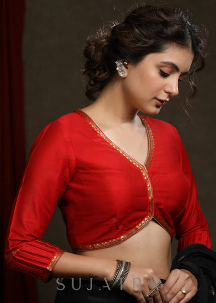 Red Cotton Silk Lace Highlighted Festive Blouse