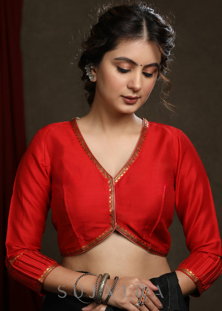 Red Cotton Silk Lace Highlighted Festive Blouse