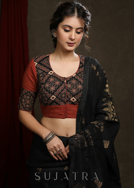 Classy Cotton Printed Maroon and Black Ajrakh Combination Blouse