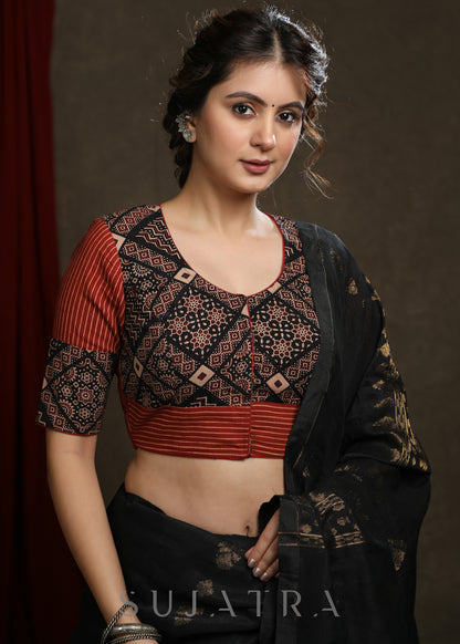 Classy Cotton Printed Maroon and Black Ajrakh Combination Blouse