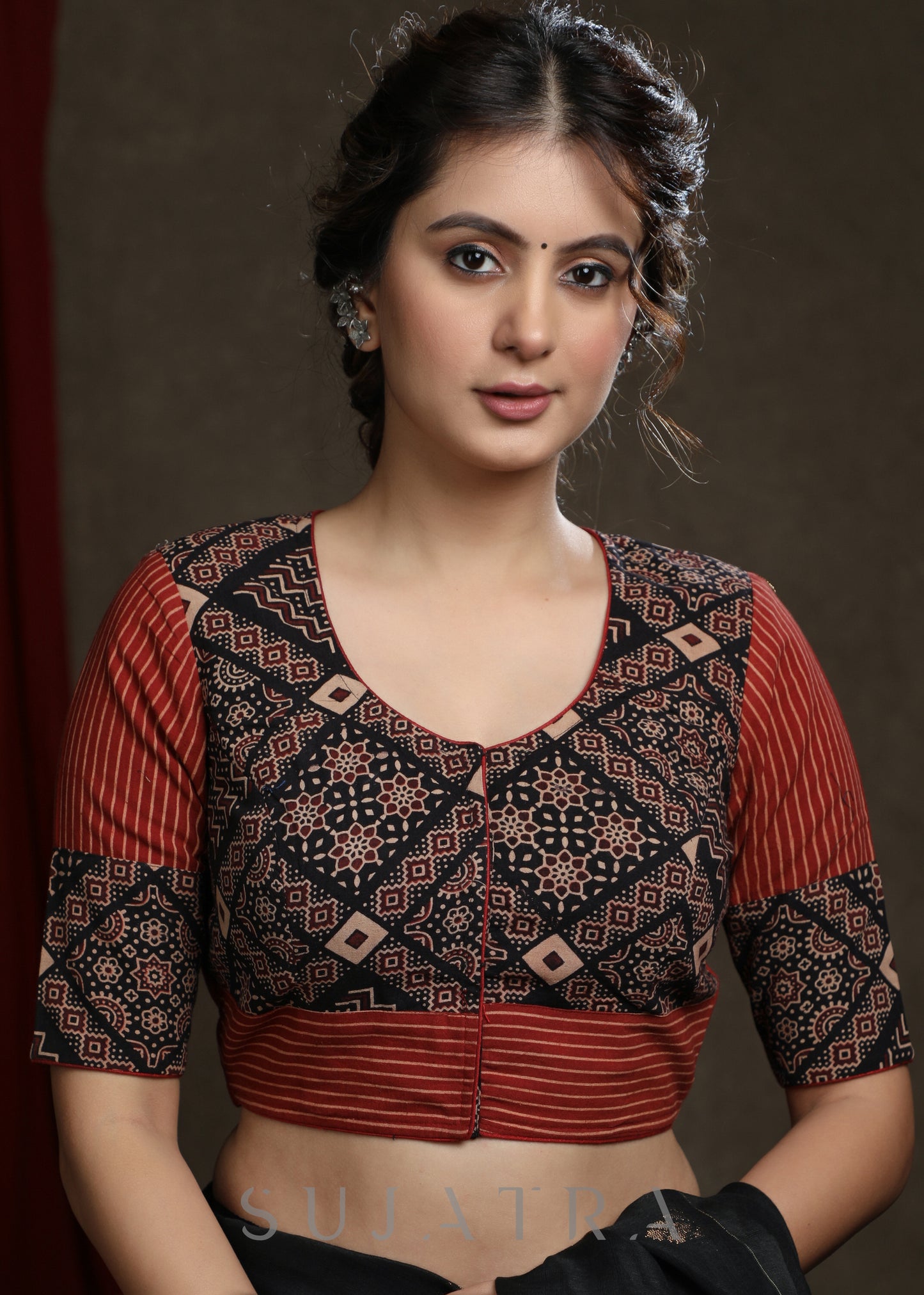 Classy Cotton Printed Maroon and Black Ajrakh Combination Blouse