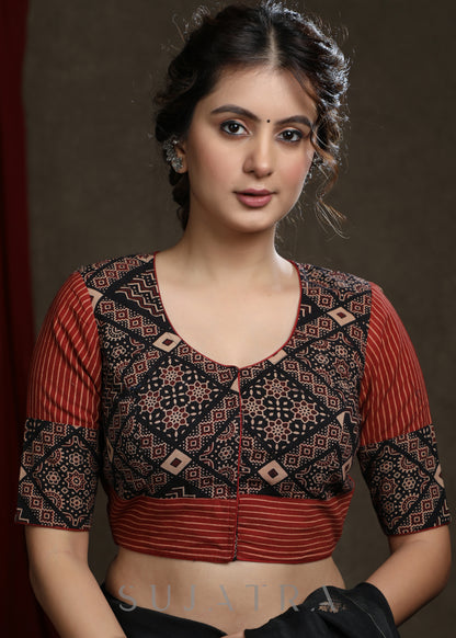 Classy Cotton Printed Maroon and Black Ajrakh Combination Blouse