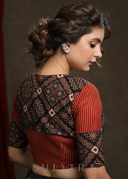 Classy Cotton Printed Maroon and Black Ajrakh Combination Blouse