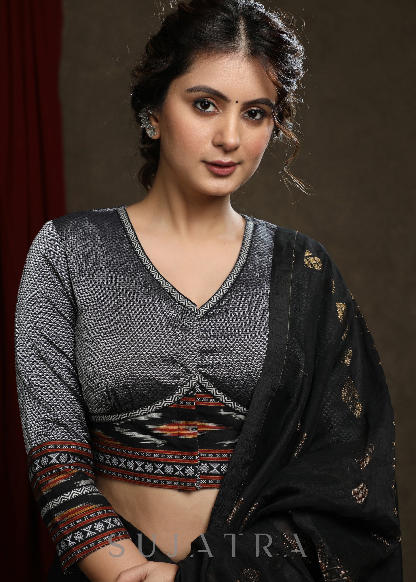 Elegant Grey Ikkat Combination Khun Blouse
