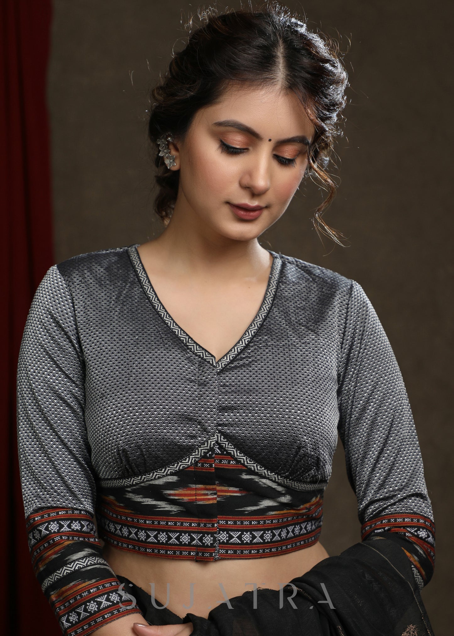 Elegant Grey Ikkat Combination Khun Blouse