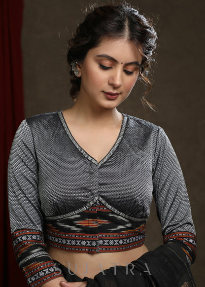 Elegant Grey Ikkat Combination Khun Blouse