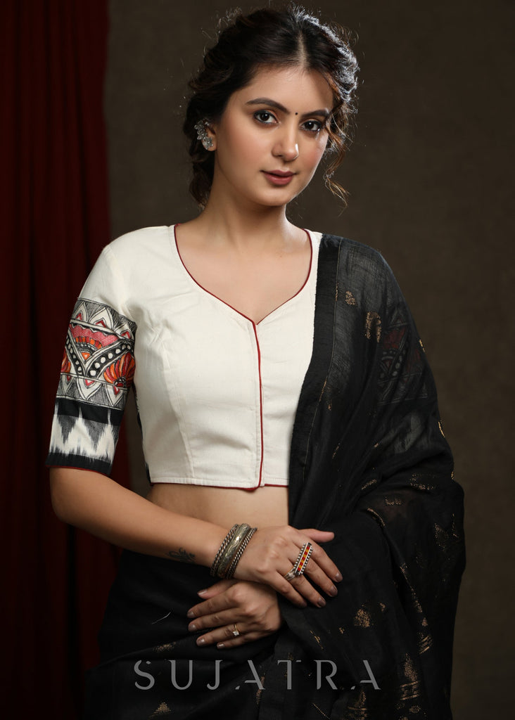 Madhubani Painting Ikkat Combination Off White Cotton Blouse